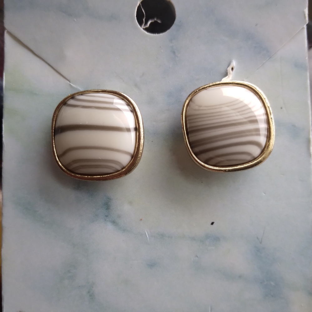 Gray and Cream Striped Square Button Earrings